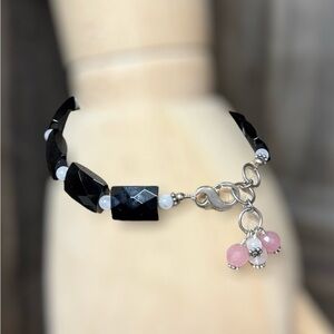 Sterling Silver Faceted Beaded Bracelet Black and Pink